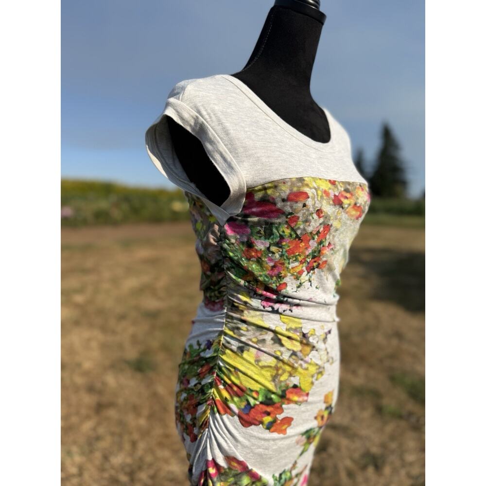 Weston S Watercolor Floral Ruched Midi Dress Bodycon Stretch Made USA Artsy - Picture 7 of 16